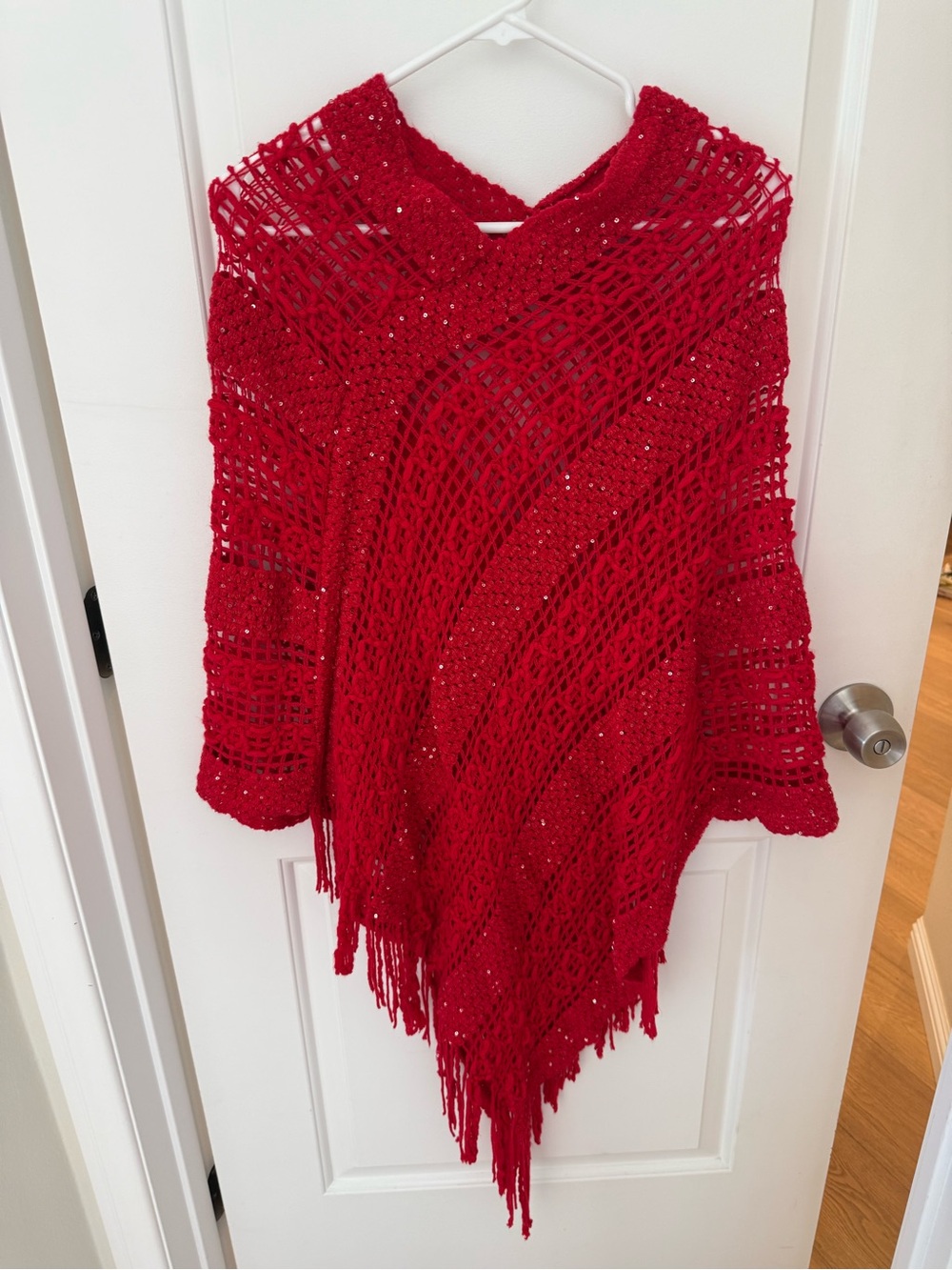 Women's Red Crochet Fringe Poncho Sweater